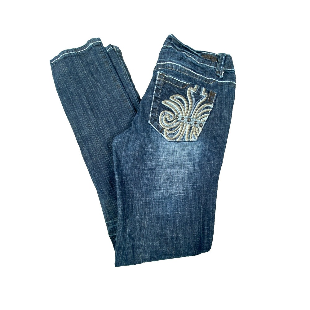 Hydraulic‎ H2J Flare Jeans Women 9/10 Blue Y2K Embroidered Denim Whisker Retro